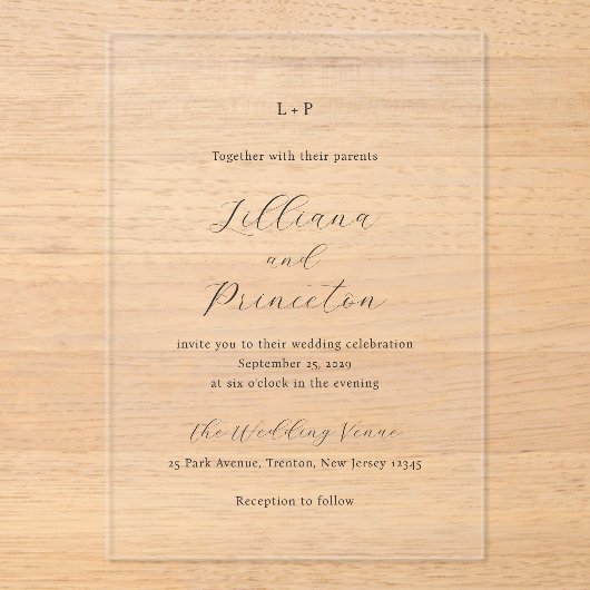 Classic Black and White Monogram Elegant Wedding アクリル招待状 (正面)