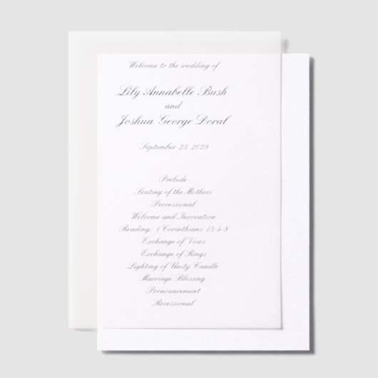 Classic Black and White Timeless Wedding Program ベラム紙招待状 (オフセット)