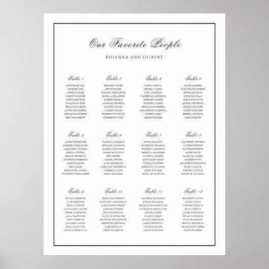 Classic Black and White Wedding Seating Chart ポスター (正面)