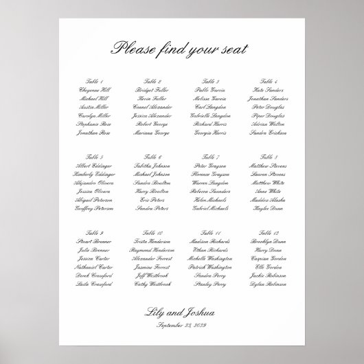Classic Black and White Wedding Seating Chart ポスター (正面)