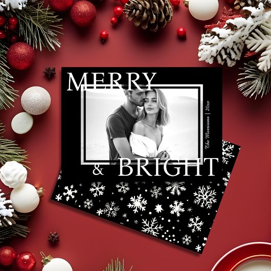 Classic Black Merry & Bright Bold Snowflake Photo シーズンカード