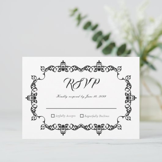 Classic Black on White Ornately Framed Wedding 出欠カード (スタンド正面)