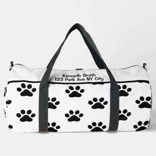 Classic Black Paw Print White Monogram Personalize ダッフルバッグ (正面)