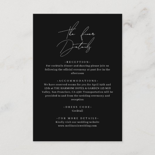 Classic Black Stylish Script Wedding Details エンクロージャーカード (正面)