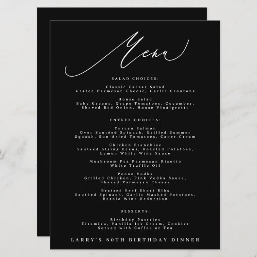 Classic Black White Calligraphy Birthday メニュー (正面/裏面)