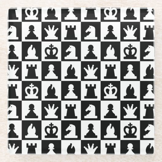 Classic Black & White Chessboard Pattern ガラスコースター (正面)