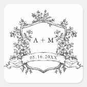 Classic Black & White Floral Crest Monograms スクエアシール (正面)