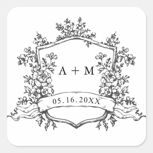 Classic Black & White Floral Crest Monograms スクエアシール (正面)