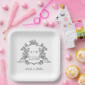 Classic Black & White Floral Crest Wedding ペーパープレート (パーティー)