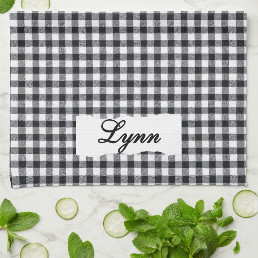 Classic Black & White Gingham | Personalized Name キッチンタオル (折り畳み)