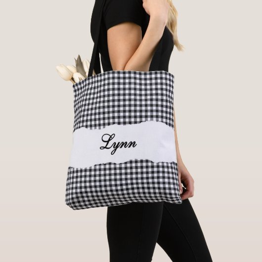 Classic Black & White Gingham | Personalized Name トートバッグ (クローズアップ)