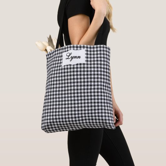 Classic Black & White Gingham | Personalized Name トートバッグ (クローズアップ)