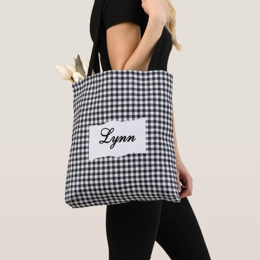 Classic Black & White Gingham | Personalized Name トートバッグ (クローズアップ)