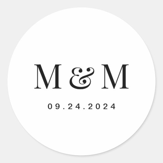 Classic Black & White Monogram Typography Wedding ラウンドシール (正面)