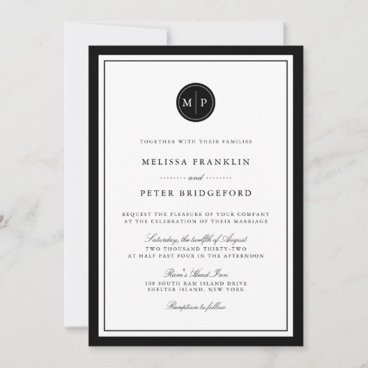 Classic Black & White Monogram Wedding Invitation 招待状 (正面)