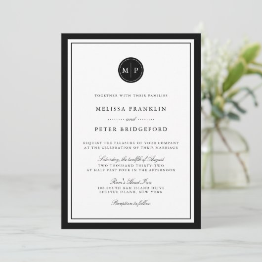 Classic Black & White Monogram Wedding Invitation 招待状 (スタンド正面)