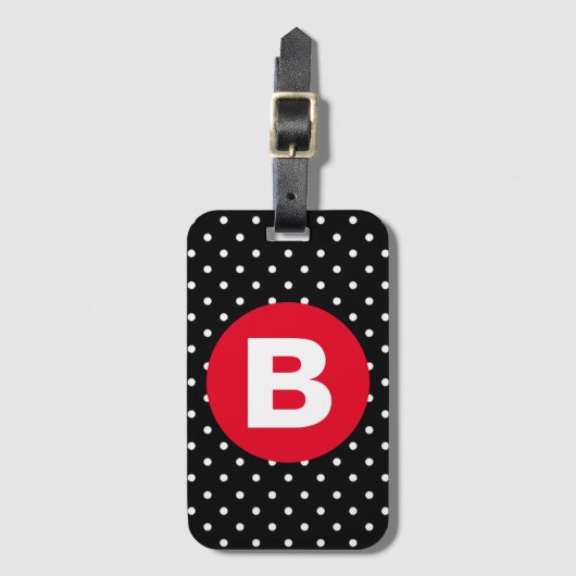 Classic Black & White Polka Dot with Red Monogram ラゲッジタグ (正面縦)