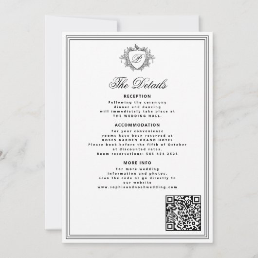 Classic black white QR formal monogram wedding  招待状 (裏面)
