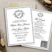 Classic black white QR formal monogram wedding  招待状