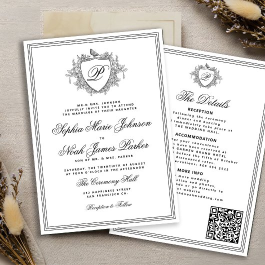 Classic black white QR formal monogram wedding  招待状