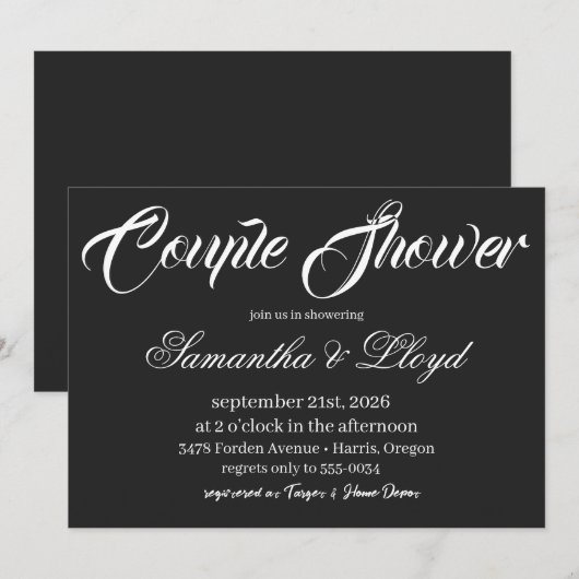 Classic Black & White Script Couples Bridal Shower 招待状 (正面/裏面)