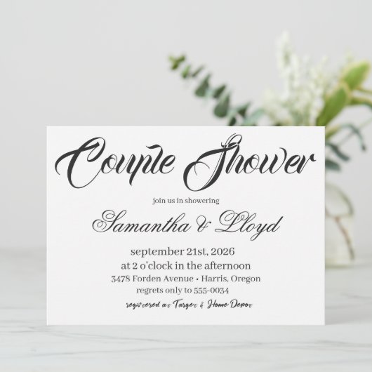 Classic Black & White Script Couples Bridal Shower 招待状 (スタンド正面)