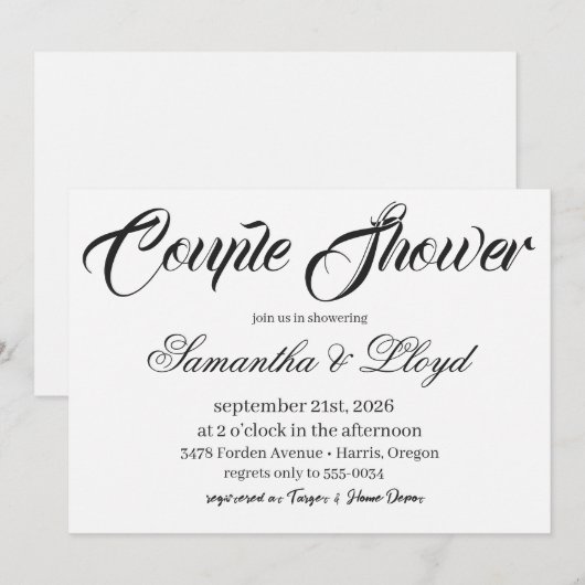 Classic Black & White Script Couples Bridal Shower 招待状 (正面/裏面)