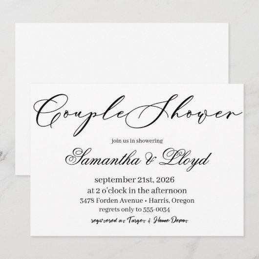 Classic Black & White Script Couples Bridal Shower 招待状 (正面/裏面)