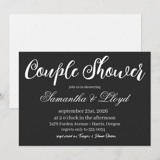 Classic Black & White Script Couples Bridal Shower 招待状 (正面/裏面)