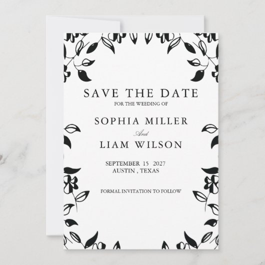 Classic Black White WEDDING Floral Save the Date  招待状 (正面)