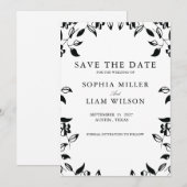 Classic Black White WEDDING Floral Save the Date  招待状 (正面/裏面)