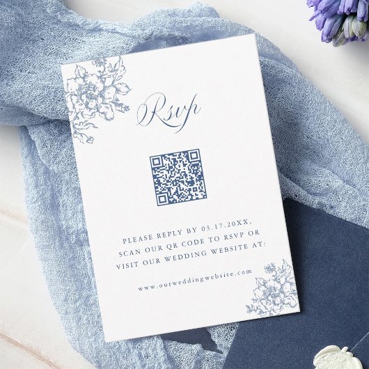 Classic Bloom Garden Dusty Blue Wedding QR Code 出欠カード
