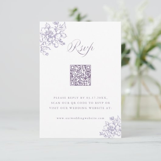 Classic Bloom Garden Lavender Wedding QR Code 出欠カード (スタンド正面)