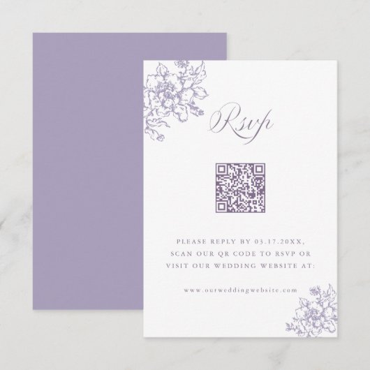 Classic Bloom Garden Lavender Wedding QR Code 出欠カード (正面/裏面)