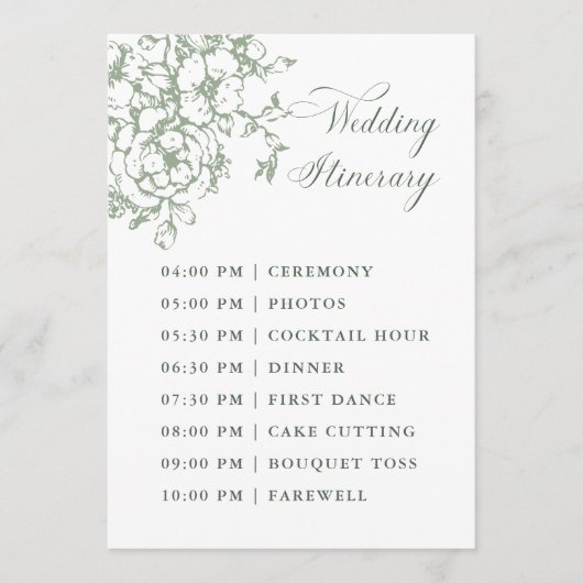 Classic Bloom Garden Sage Green Wedding Itinerary プログラム (正面)
