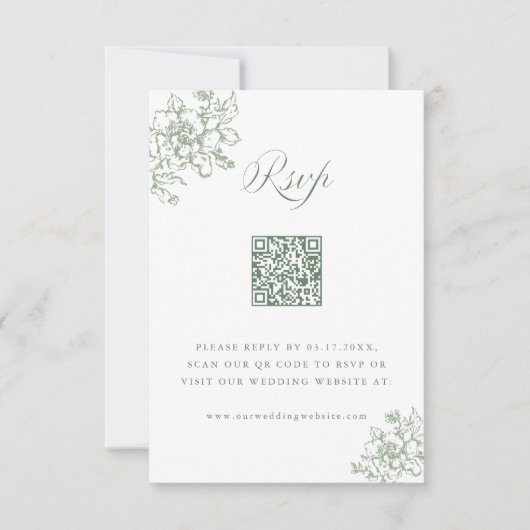 Classic Bloom Garden Sage Green Wedding QR Code 出欠カード (正面)