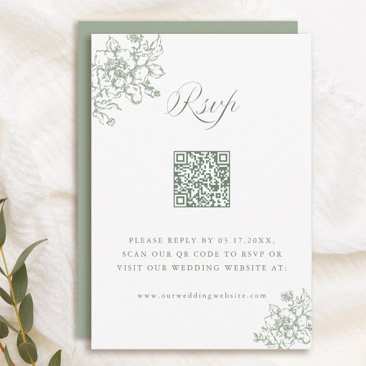 Classic Bloom Garden Sage Green Wedding QR Code 出欠カード