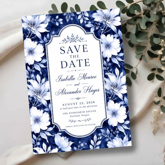 Classic Blue and White Flotal Botanical セーブザデート