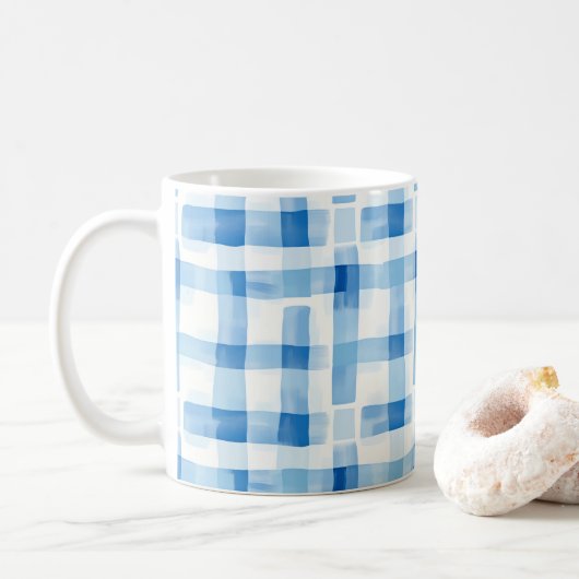 Classic Blue and White Gingham Checkered Pattern コーヒーマグカップ (ドーナツ)