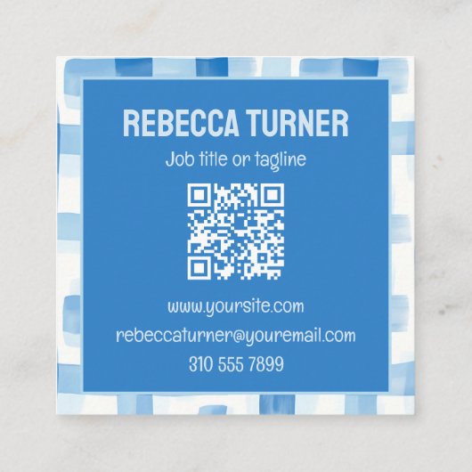 Classic Blue and White Gingham Checkered , QR Code スクエア名刺 (裏面)