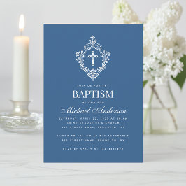 Classic Blue Boy Baptism Cross in Vintage Crest 招待状
