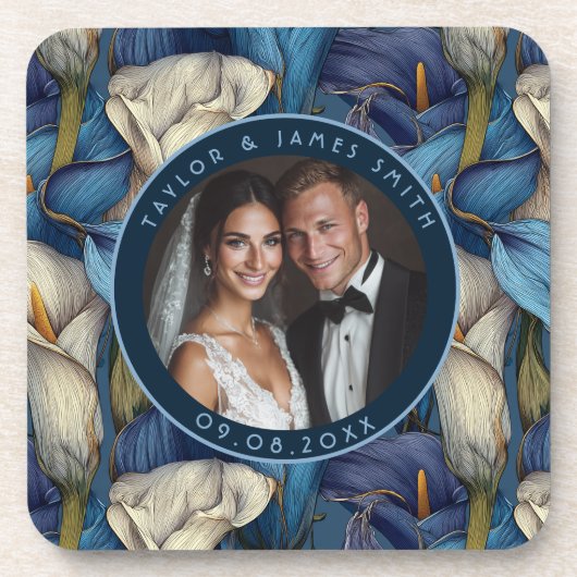 Classic Blue Calla Lilies Petal Botanical Wedding コースター (正面)