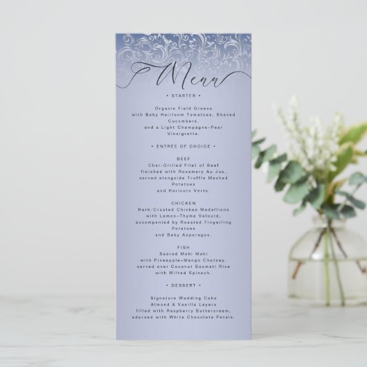 Classic Blue Damask Ornate Wedding Menu Card メニュー (スタンド正面)
