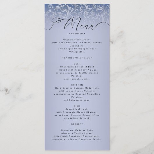 Classic Blue Damask Ornate Wedding Menu Card メニュー (正面)