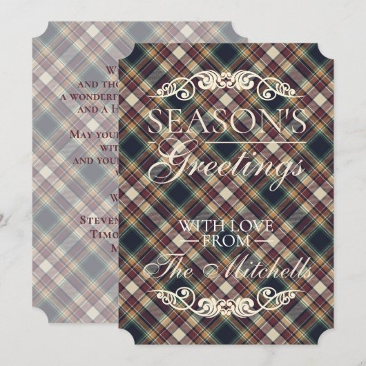 Classic Blue Dark Green Red Plaid Pattern Holiday シーズンカード (正面/裏面)