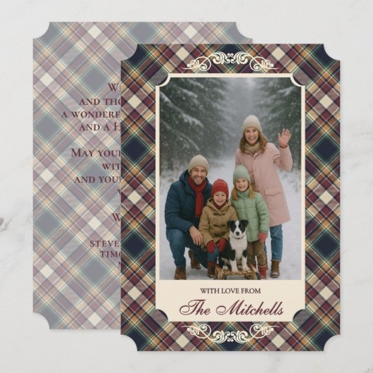 Classic Blue Dark Green Red Plaid Pattern Holiday シーズンカード (正面/裏面)
