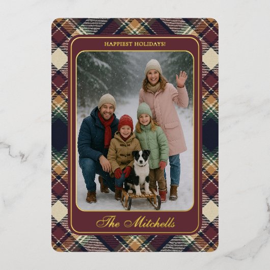 Classic Blue Dark Green Red Plaid Pattern Holiday 箔シーズンカード (正面)