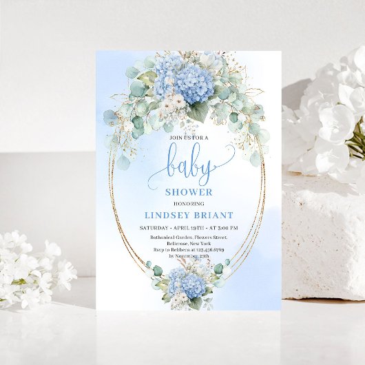 Classic Blue Floral Baby Shower Invitation Gold 招待状