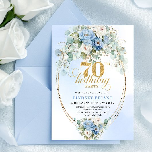 Classic Blue Floral Eucalyptus 70th Birthday Invit 招待状