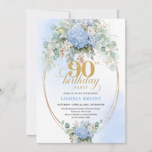 Classic Blue Floral Gold Greenery 90th Birthday  招待状 (正面)